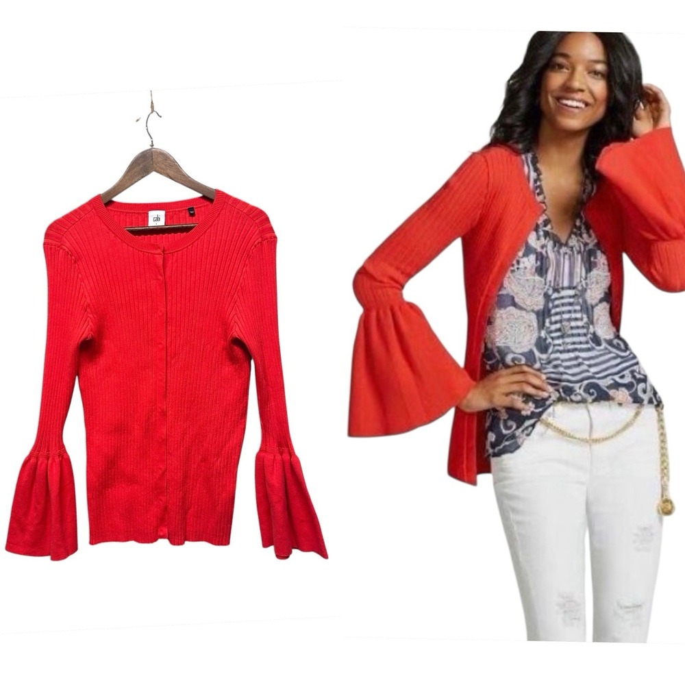 CABI Womens Sweater Ribbed Cardigan Long Bell Sleeve Button‎ Front Size L Orange